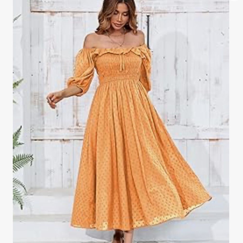 Square Neck Puff-Sleeve Midi Dress in orange